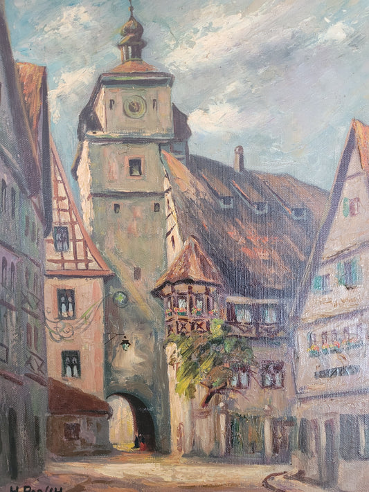 H. Porsch (XX) Ölgemälde Warmer Sommertag im Dorf 50x40cm