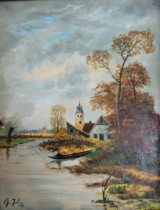 Moll (1974) Ölgemälde Flusslandschaft mit kleinem Dorf und Kirche