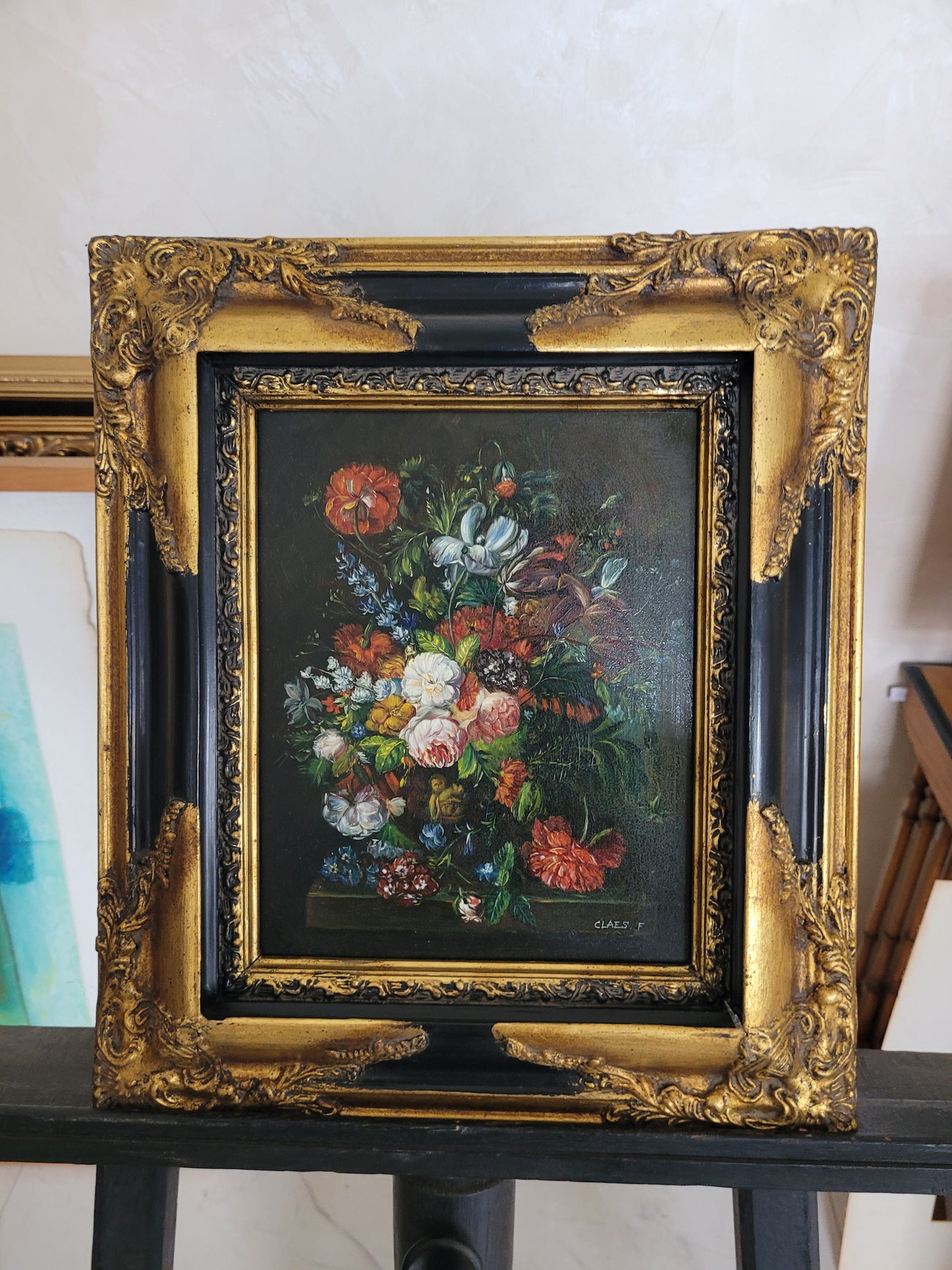 Claes, F. (XX) Ölgemälde Üppiges Blumenstillleben 44x33cm