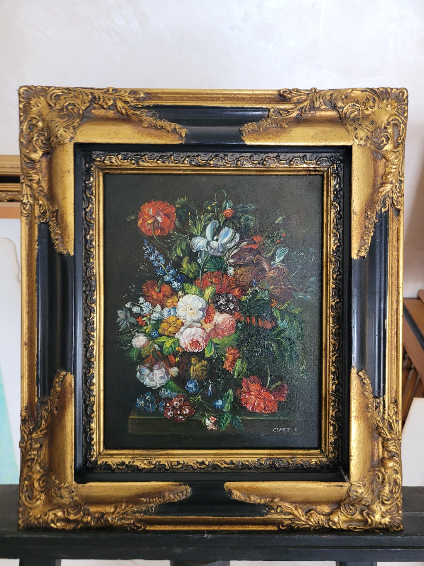 Claes, F. (XX) Ölgemälde Üppiges Blumenstillleben 44x33cm