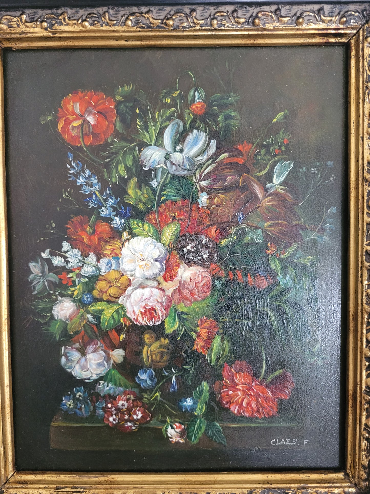 Claes, F. (XX) Ölgemälde Üppiges Blumenstillleben 44x33cm