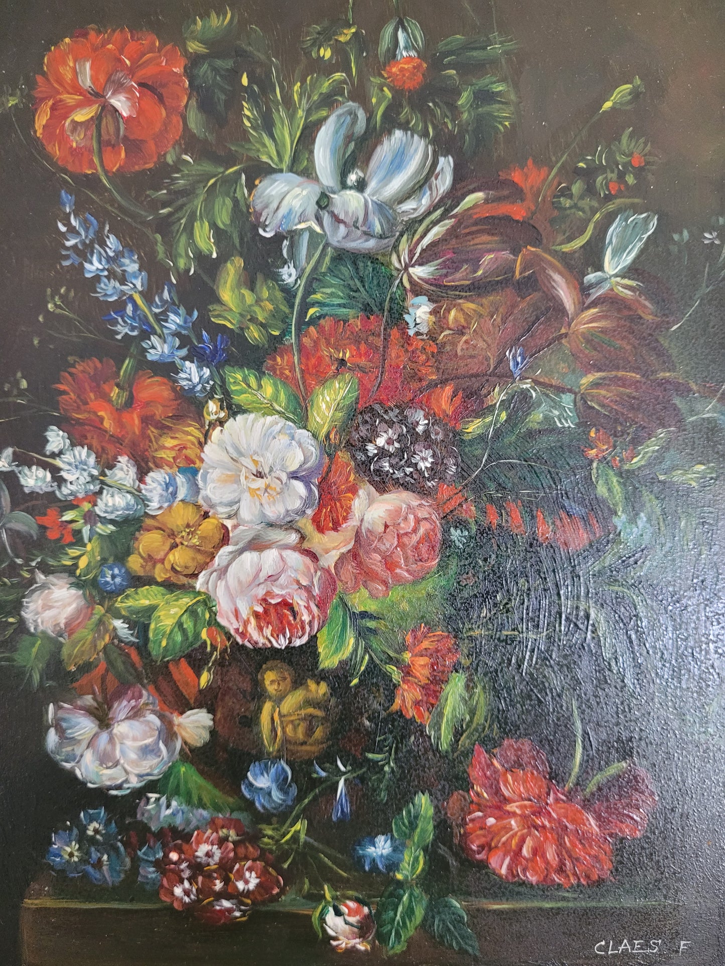 Claes, F. (XX) Ölgemälde Üppiges Blumenstillleben 44x33cm