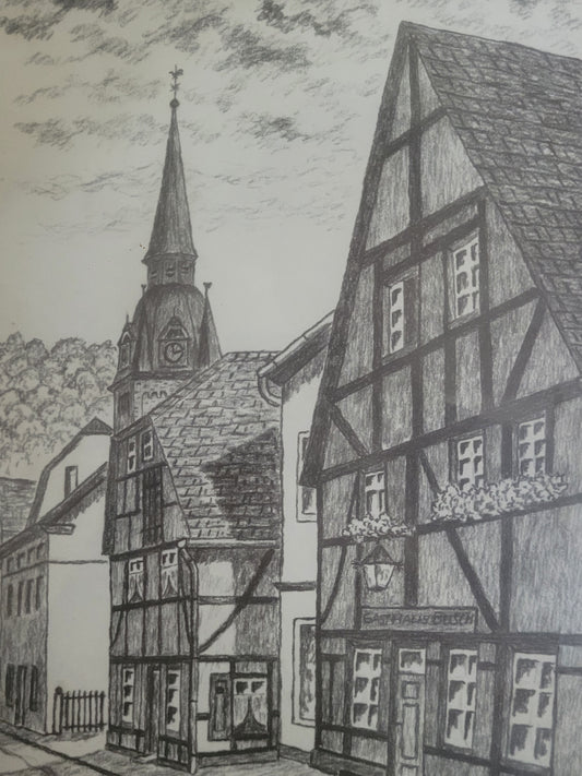 Print nach Kohlezeichnung, Hohenlimburg Altstadt Hagen