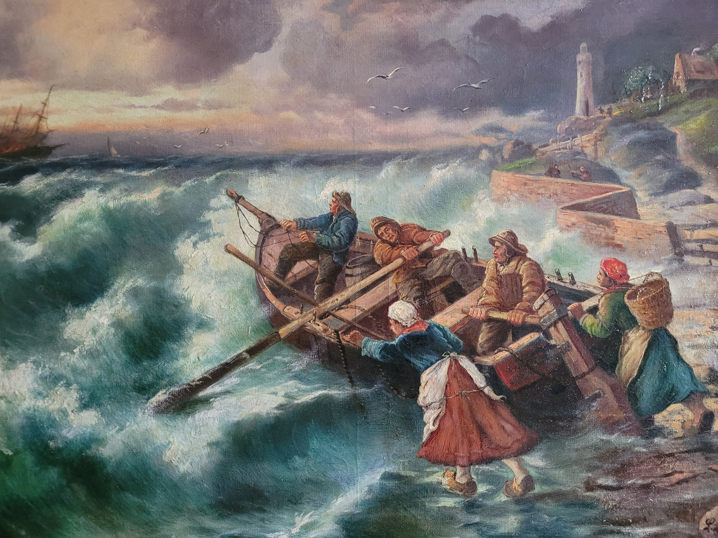 Europäisches Monumentalwerk (XIX-XX) Großes Ölgemälde Fischer im Sturm