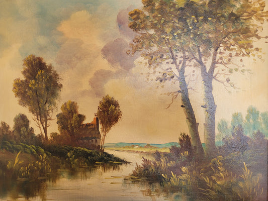 A. Ram (XX) Ölgemälde Flusslandschaft mit kleinem Haus 63x75cm