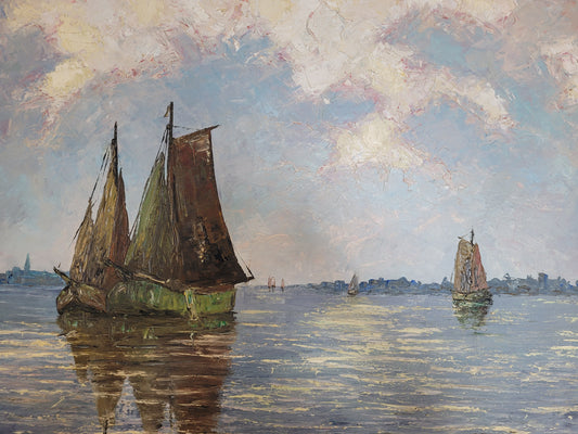 A. Eugen (XX) Ölgemälde Fischkutter vor Stadtsilhouette 70x90cm