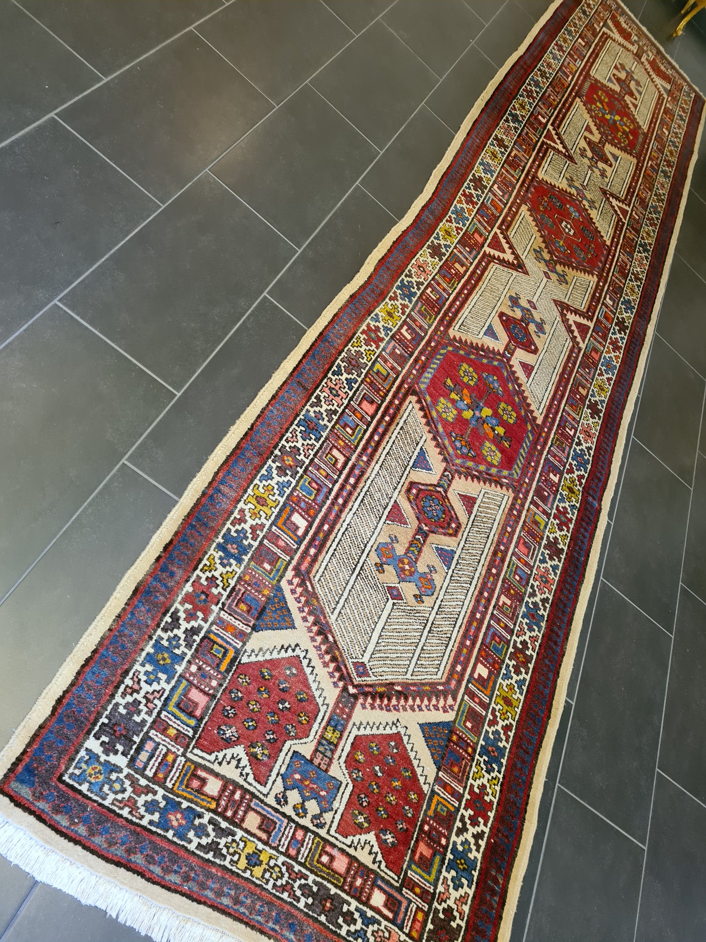 Antiker Handgeknüpfter Orientteppich – Perser Heris Läufer 460x105cm