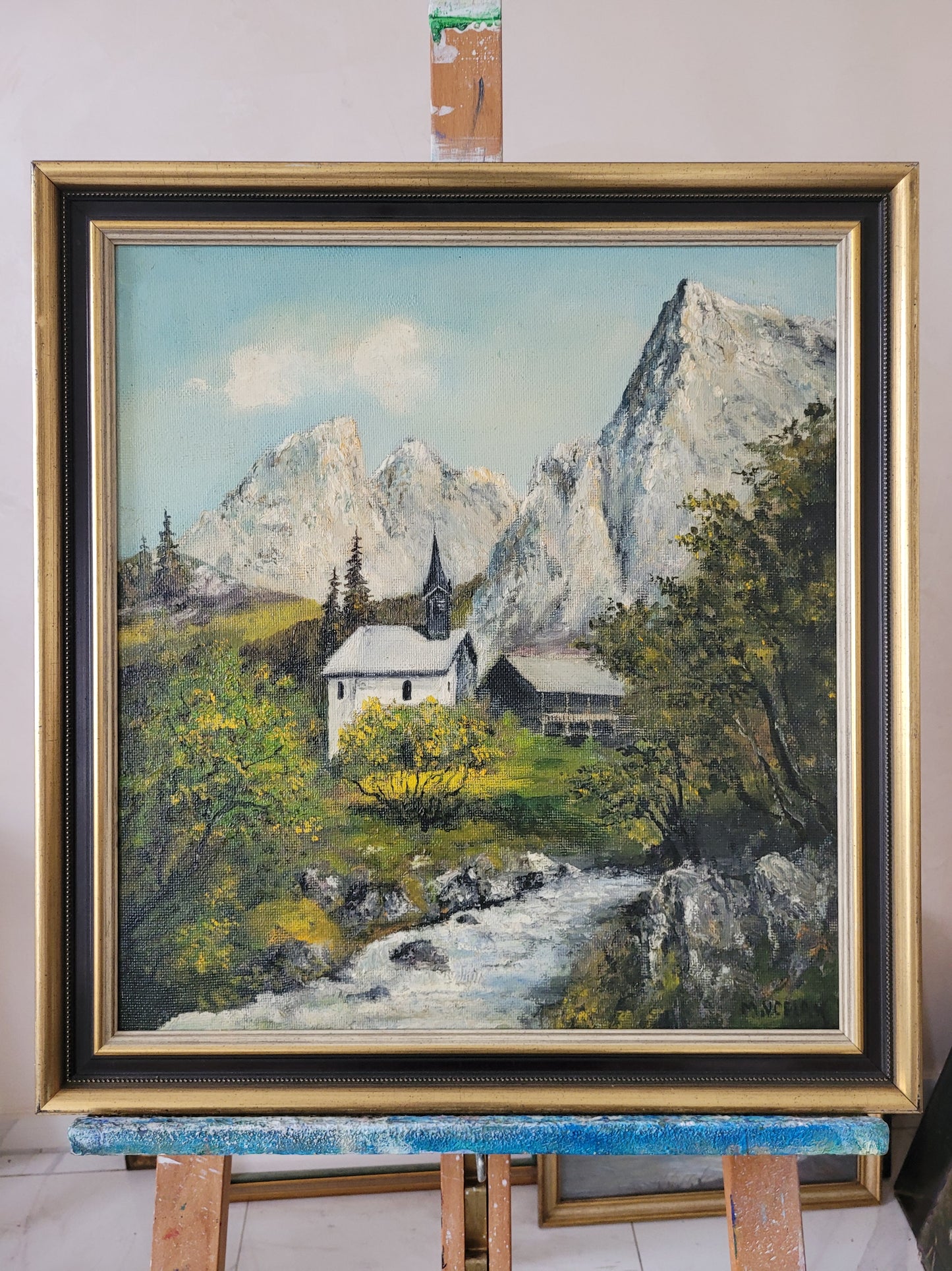 Ölgemälde Gemälde Landschaft M. Vcelak (XX) Berglandschaft Fluss