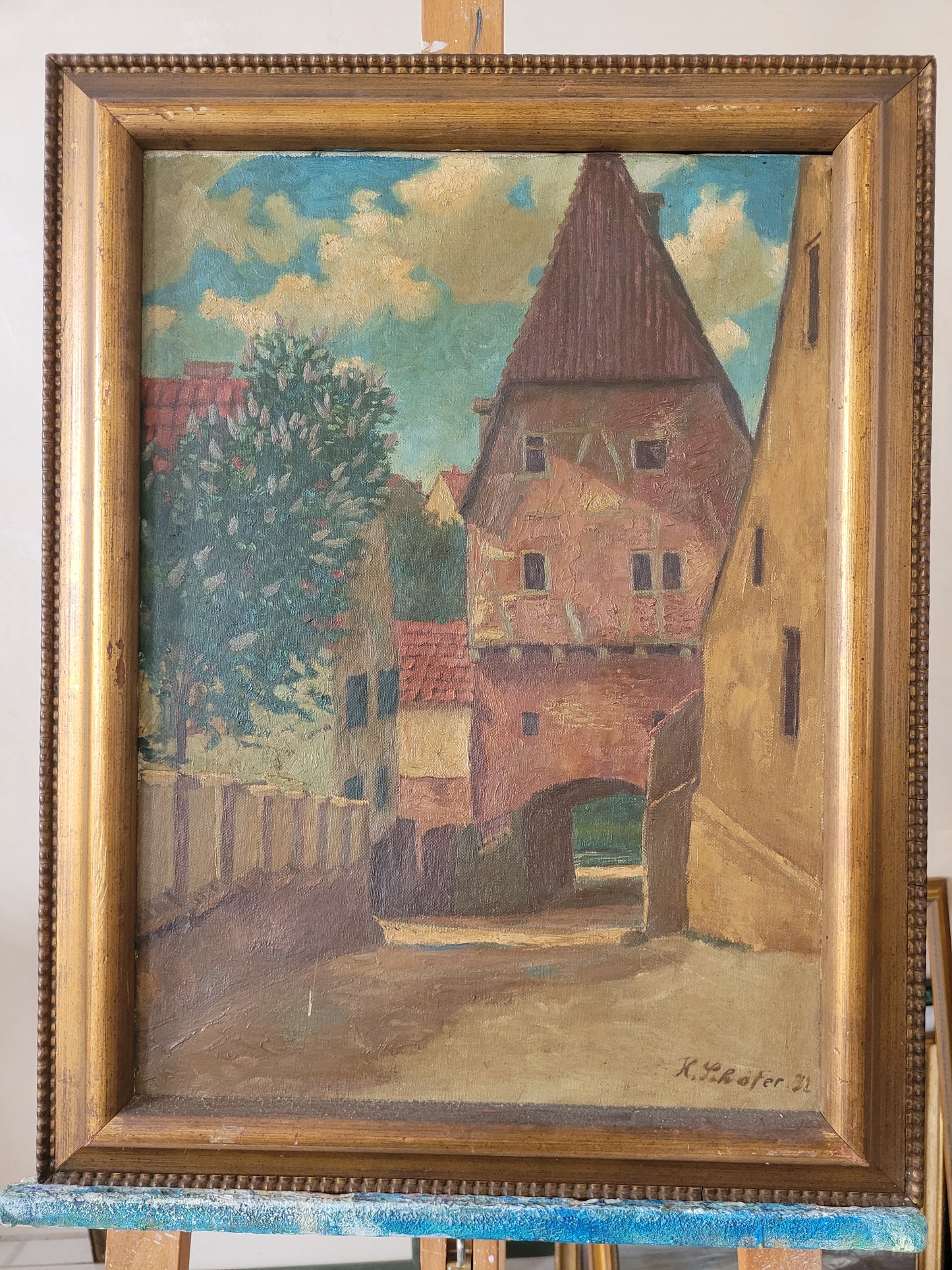 Ölgemälde Gemälde Karl Schäfer (1888-1956) Dorf mit Stadttor 60x50cm