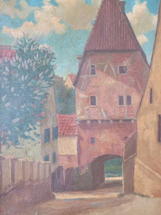 Ölgemälde Gemälde Karl Schäfer (1888-1956) Dorf mit Stadttor 60x50cm