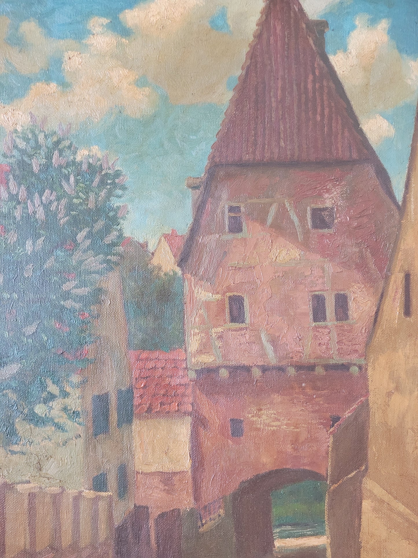 Ölgemälde Gemälde Karl Schäfer (1888-1956) Dorf mit Stadttor 60x50cm