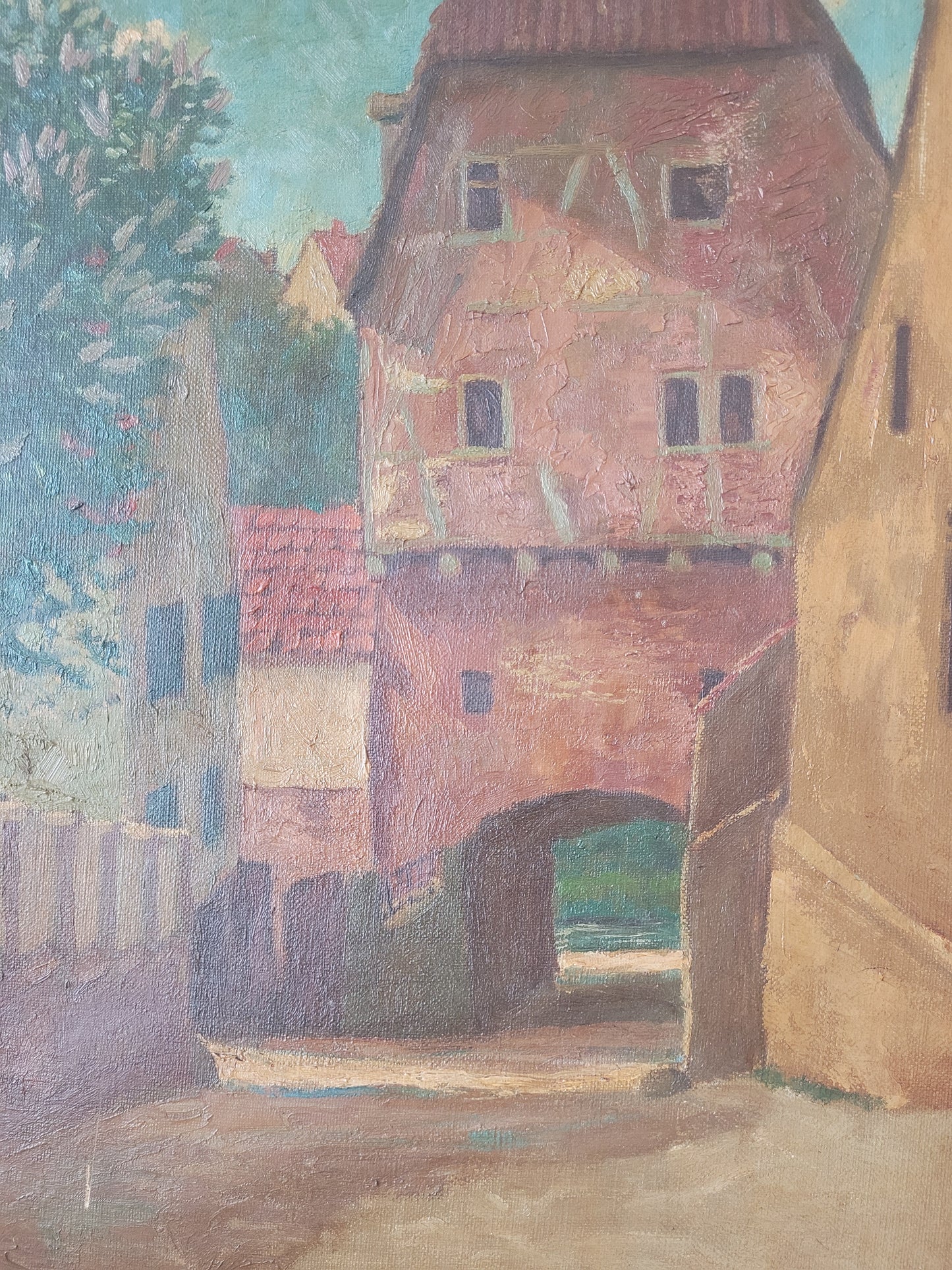 Ölgemälde Gemälde Karl Schäfer (1888-1956) Dorf mit Stadttor 60x50cm