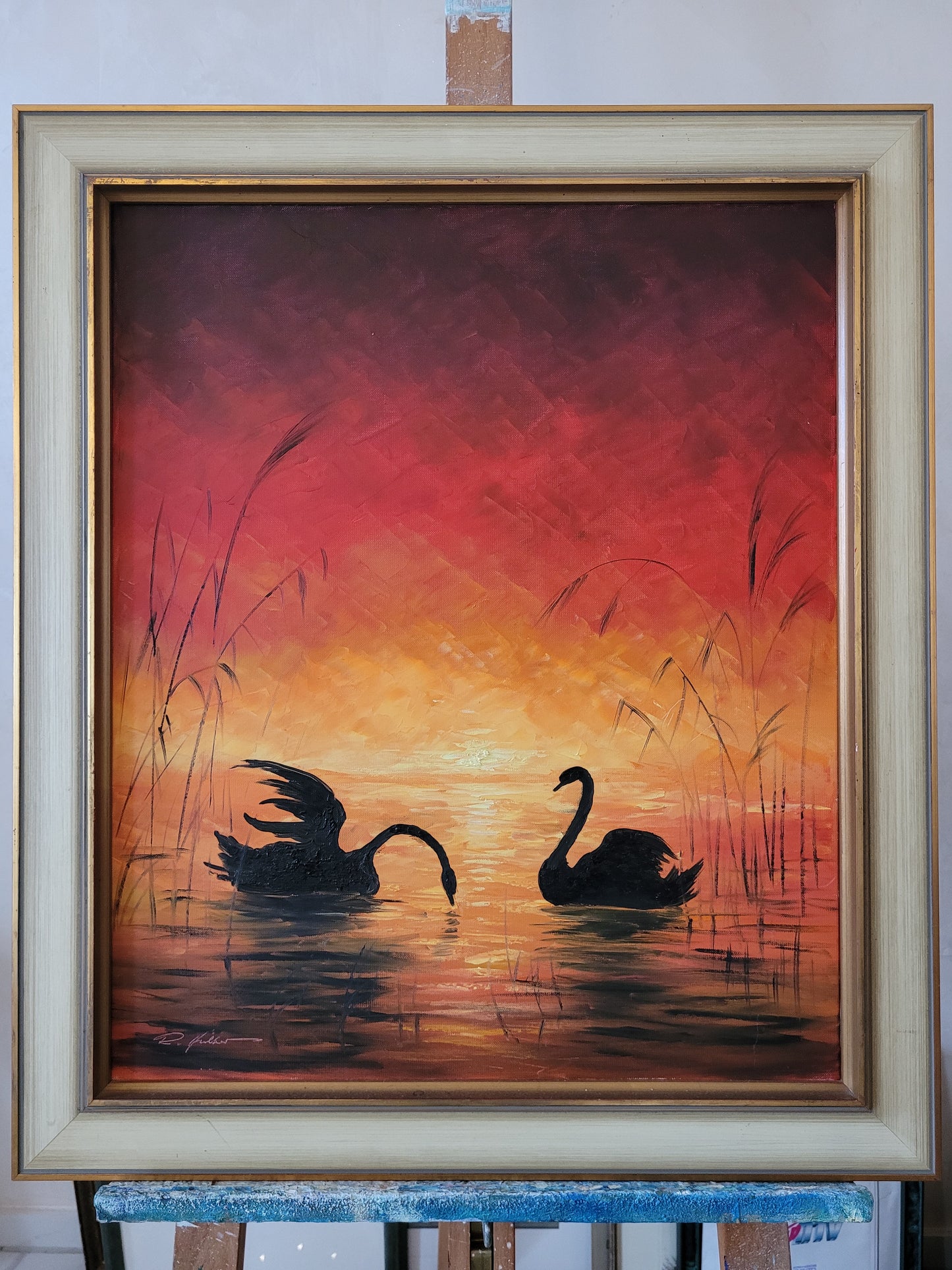 Ölgemälde Gemälde Bild Rolf Hölter (geb. 1941) Sonnenuntergang Schwäne