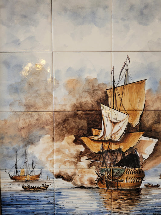 Antikes Delfter Kachel-Tableau Maritime Szene nach Van der Velde
