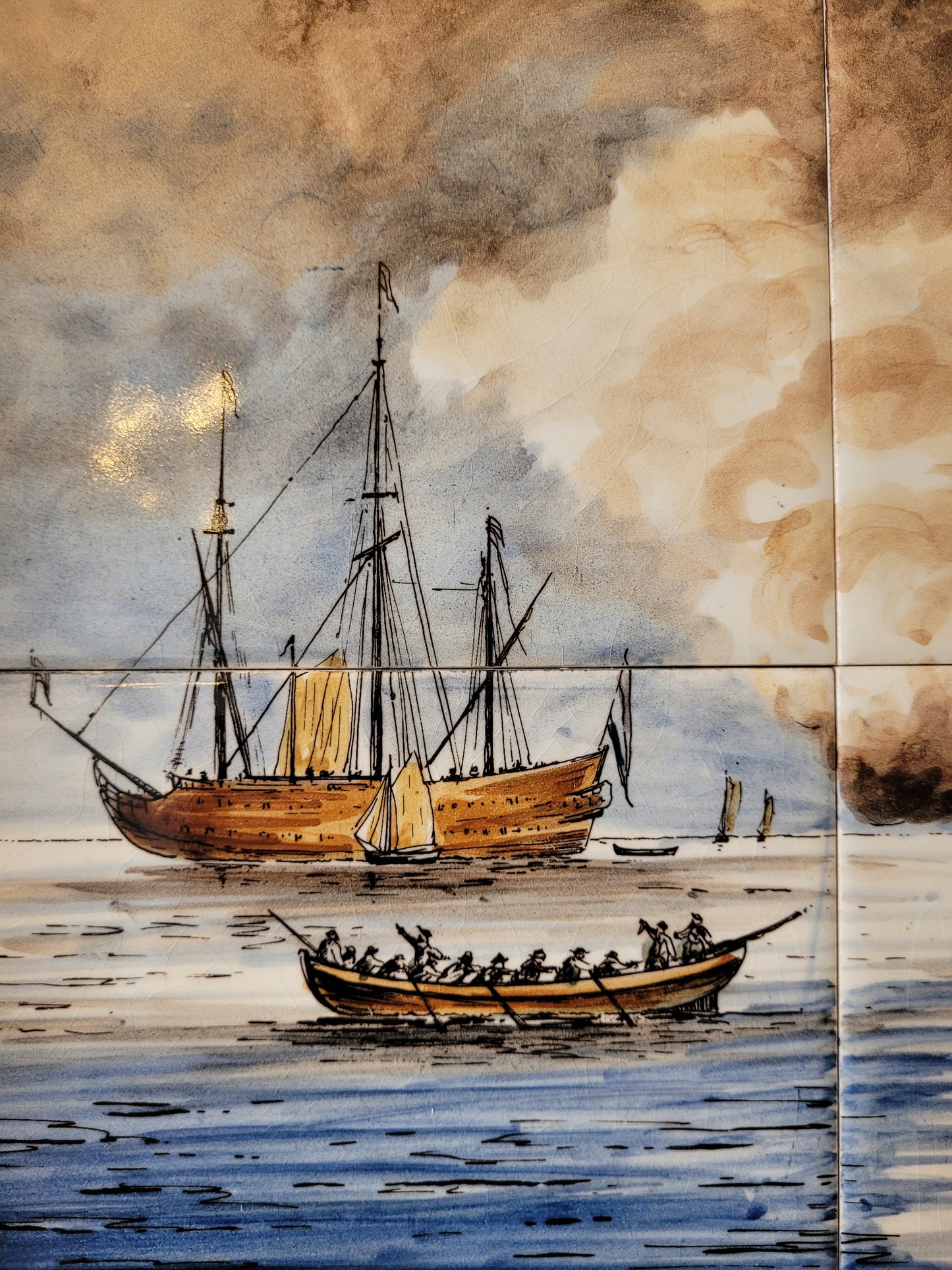 Antikes Delfter Kachel-Tableau Maritime Szene nach Van der Velde