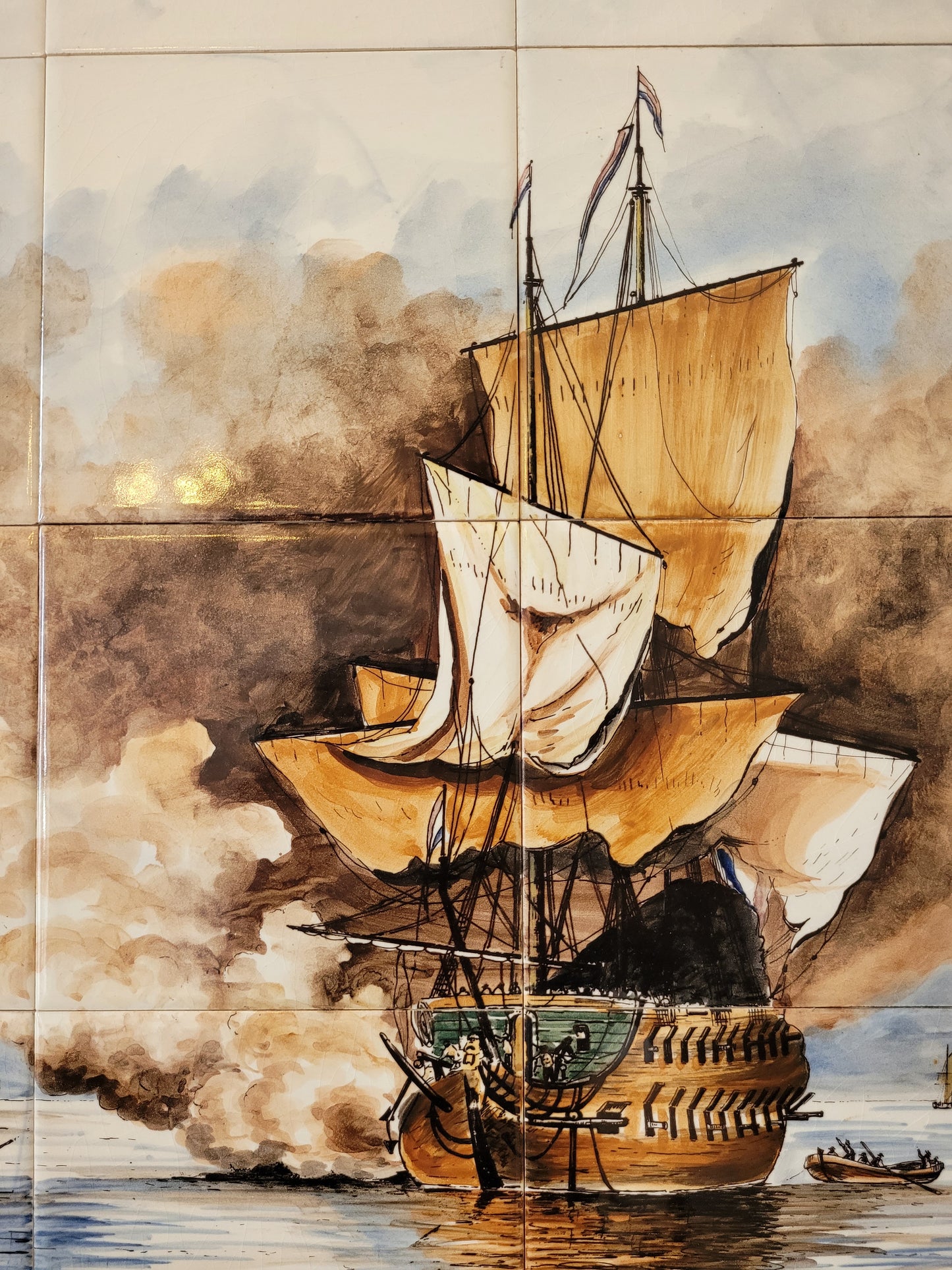 Antikes Delfter Kachel-Tableau Maritime Szene nach Van der Velde