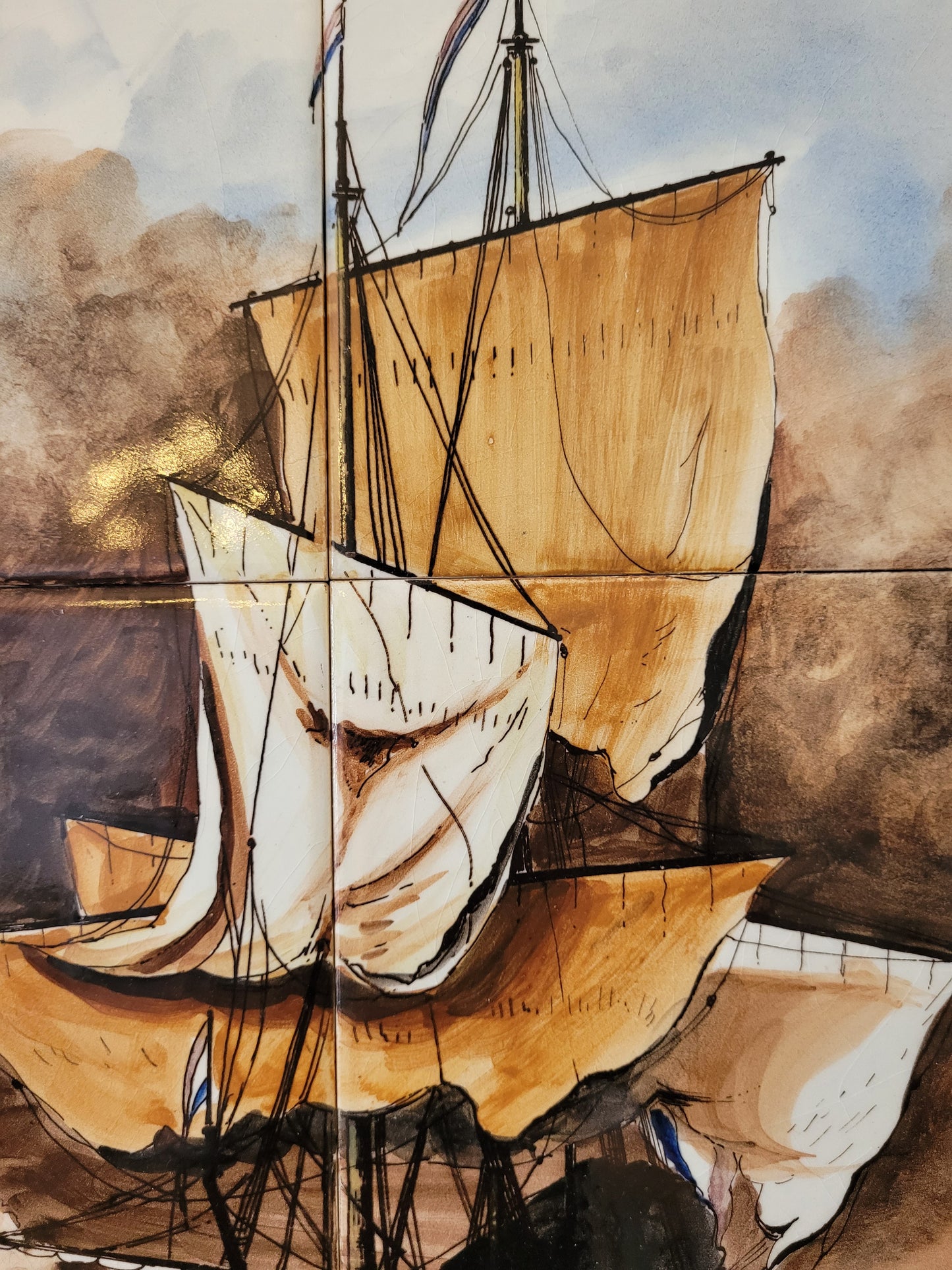 Antikes Delfter Kachel-Tableau Maritime Szene nach Van der Velde