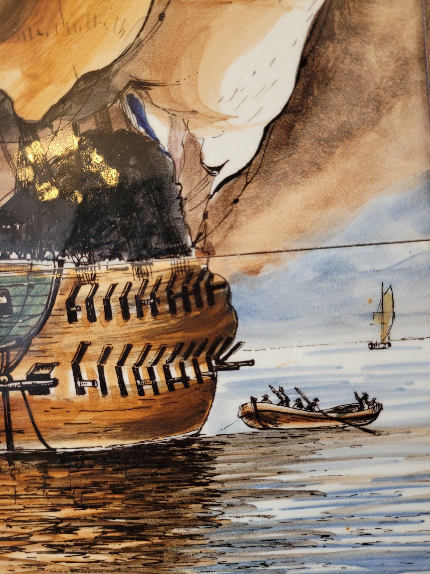 Antikes Delfter Kachel-Tableau Maritime Szene nach Van der Velde