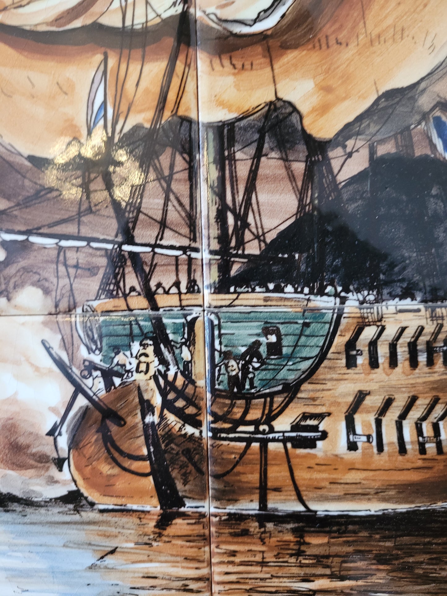 Antikes Delfter Kachel-Tableau Maritime Szene nach Van der Velde