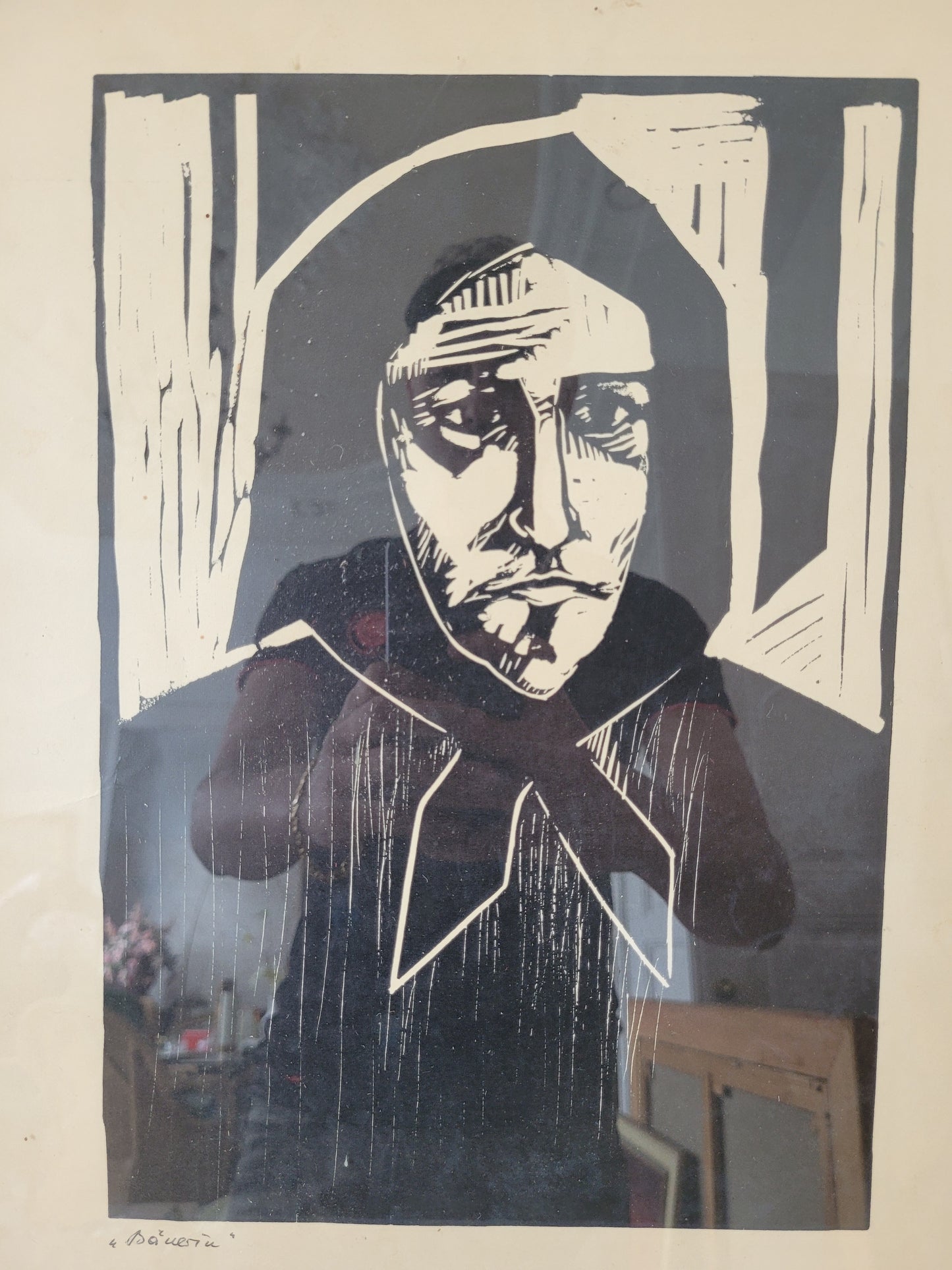 Original hochwertiger Holzschnitt einer Bäuerin 50x40 cm