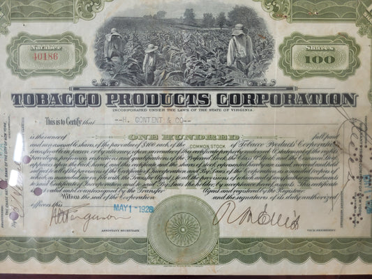 Original Aktien Tobacco Products Corporation, 100 Anteile 1928