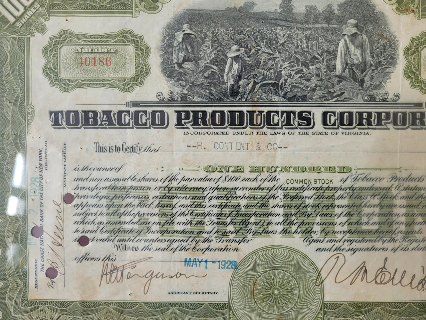 Original Aktien Tobacco Products Corporation, 100 Anteile 1928