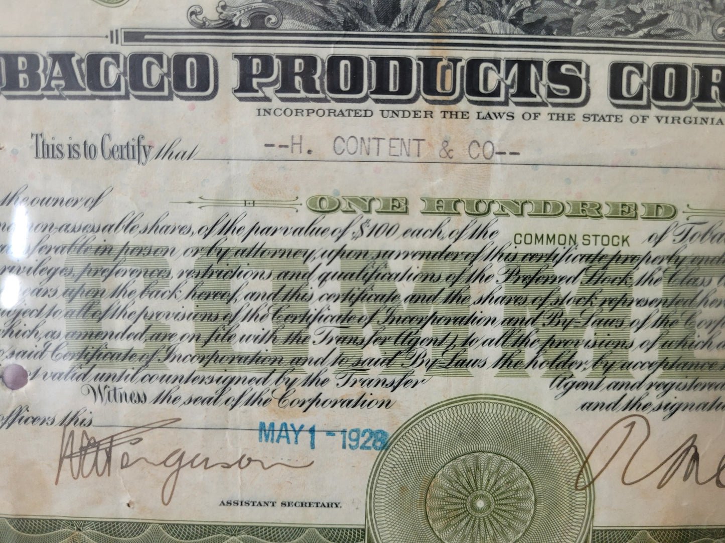 Original Aktien Tobacco Products Corporation, 100 Anteile 1928