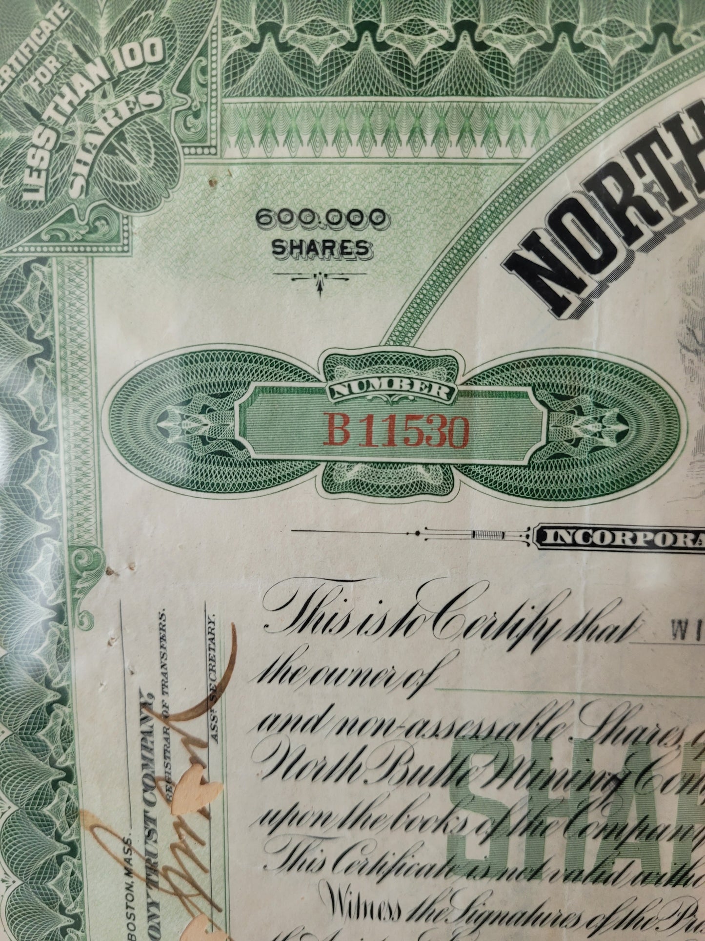 Originale Historische Aktie North Butte Mining Company 25 Anteile