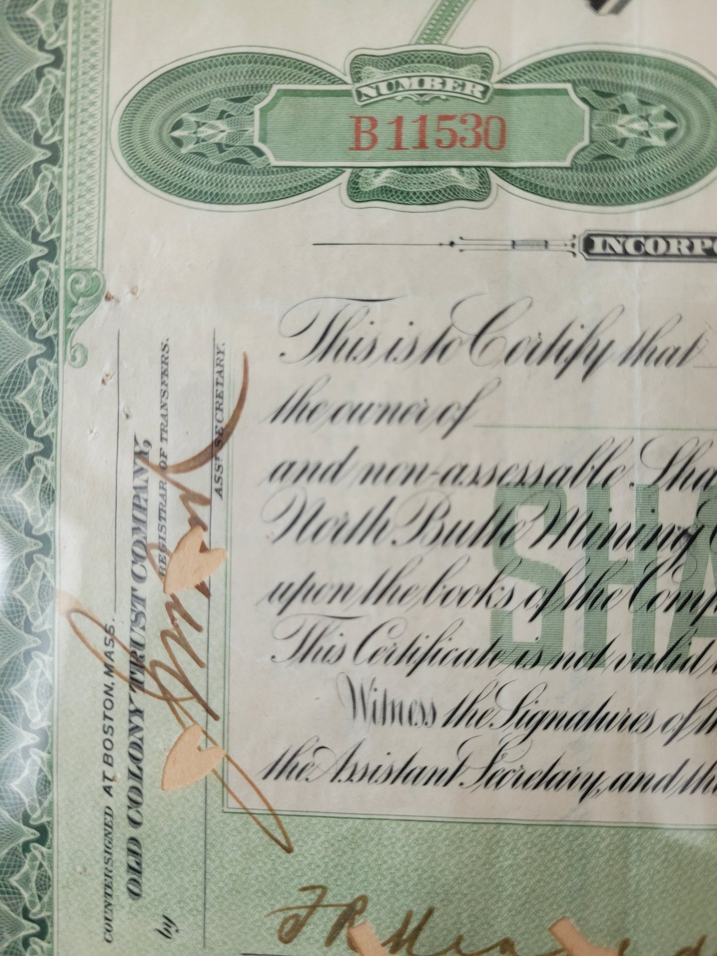 Originale Historische Aktie North Butte Mining Company 25 Anteile