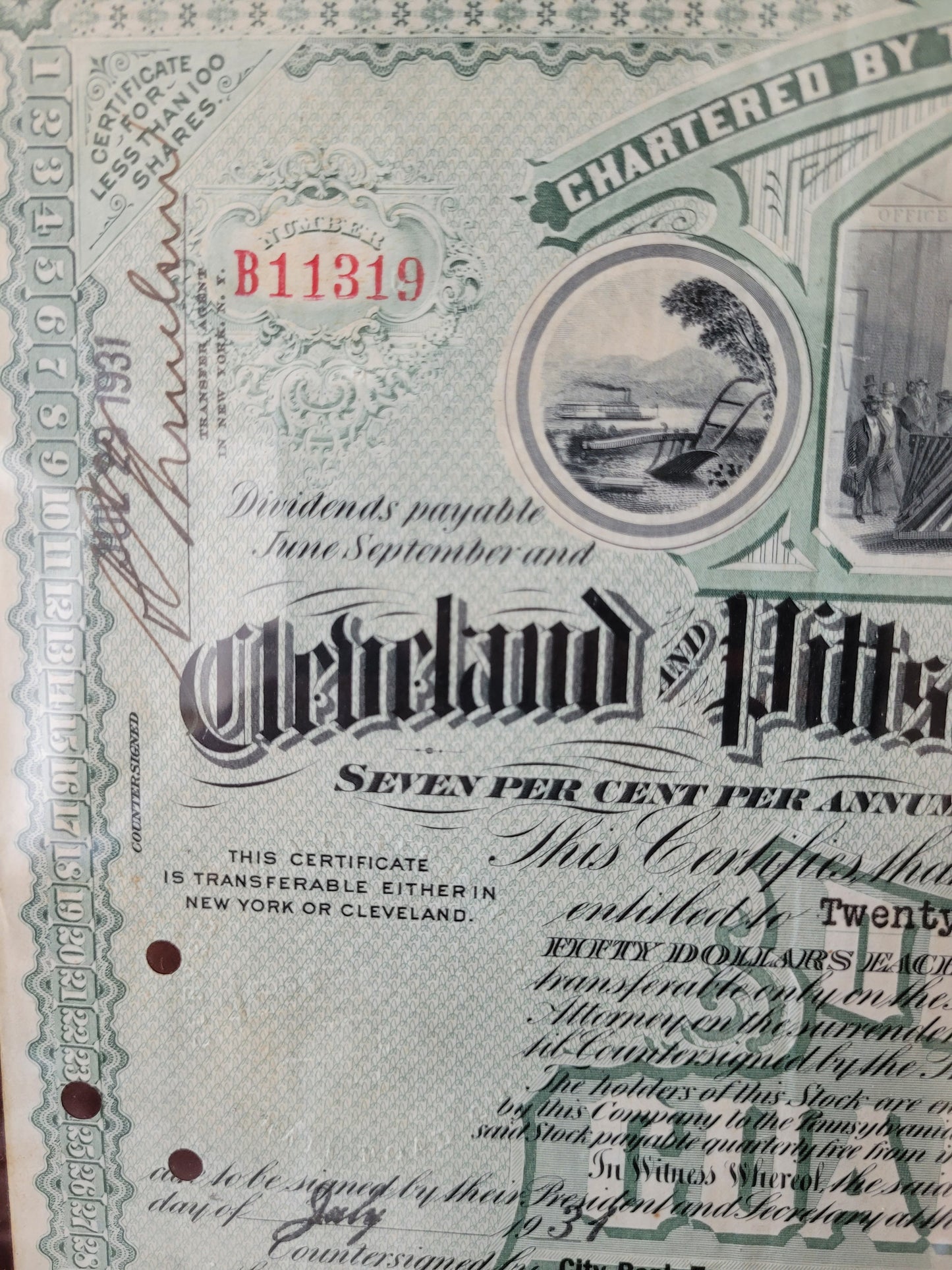 Historische Aktie Wertpapier Cleveland and Pittsburgh Railroad
