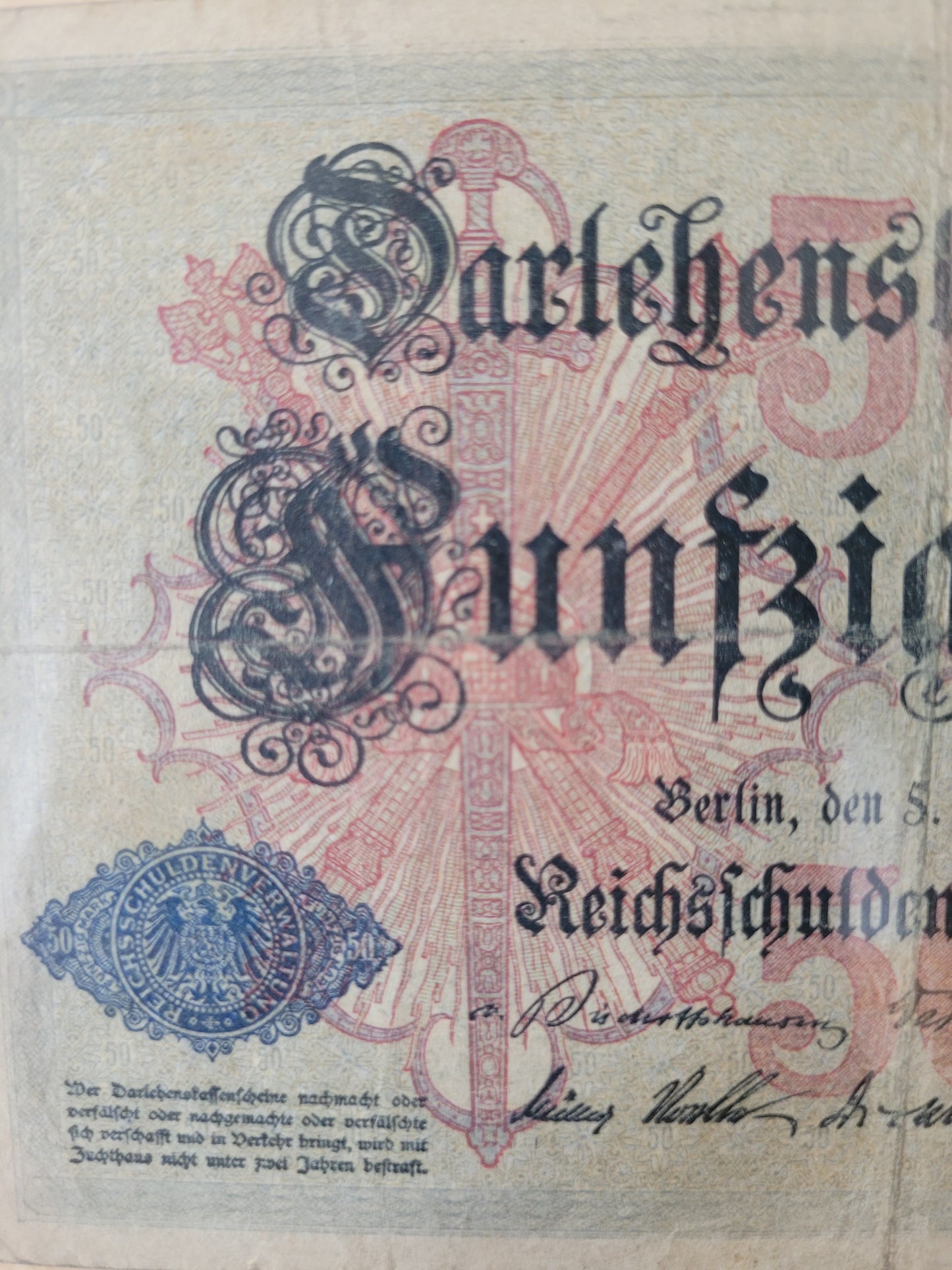 Darlehenskassenschein Fünfzig Mark Berlin 1914 Reichsschuldenverwaltung