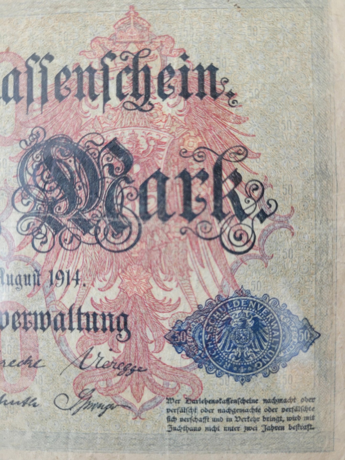 Darlehenskassenschein Fünfzig Mark Berlin 1914 Reichsschuldenverwaltung