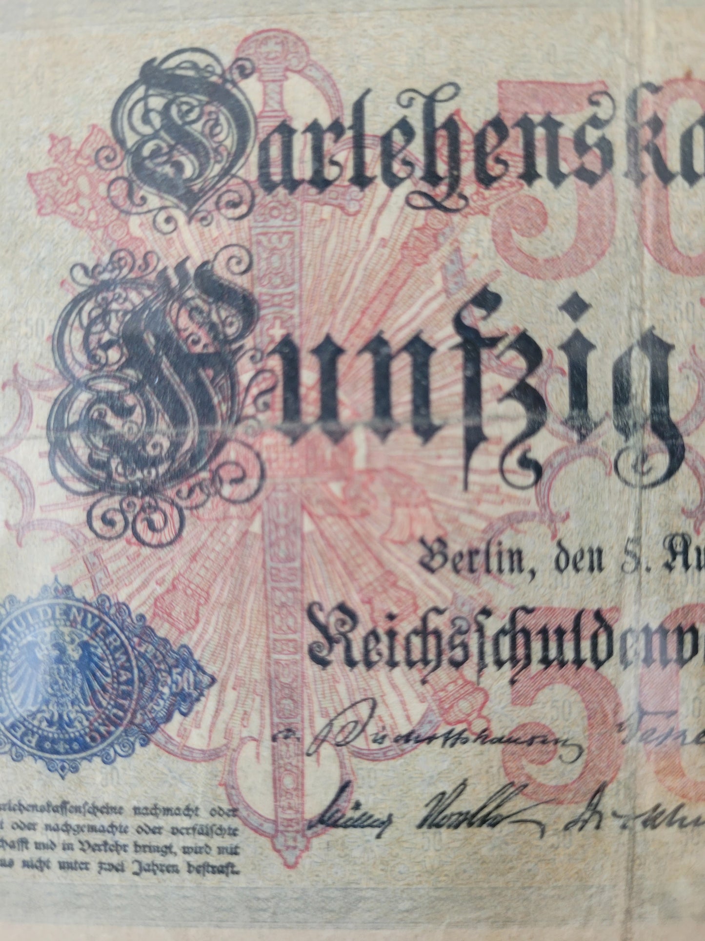 Darlehenskassenschein Fünfzig Mark Berlin 1914 Reichsschuldenverwaltung