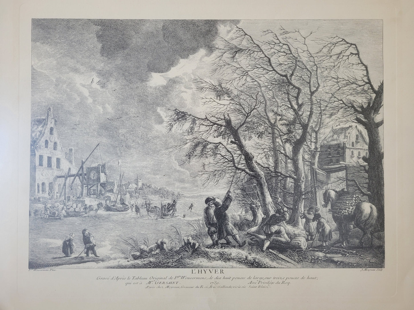 Figurenreiche Szenerie an einem Fluss Hafenlandschaft Grafik