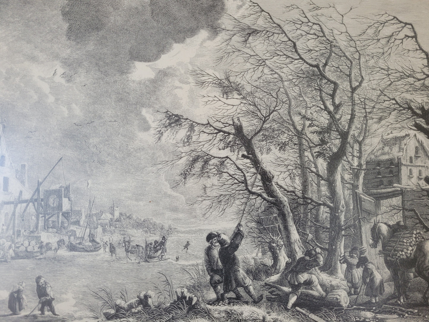 Figurenreiche Szenerie an einem Fluss Hafenlandschaft Grafik