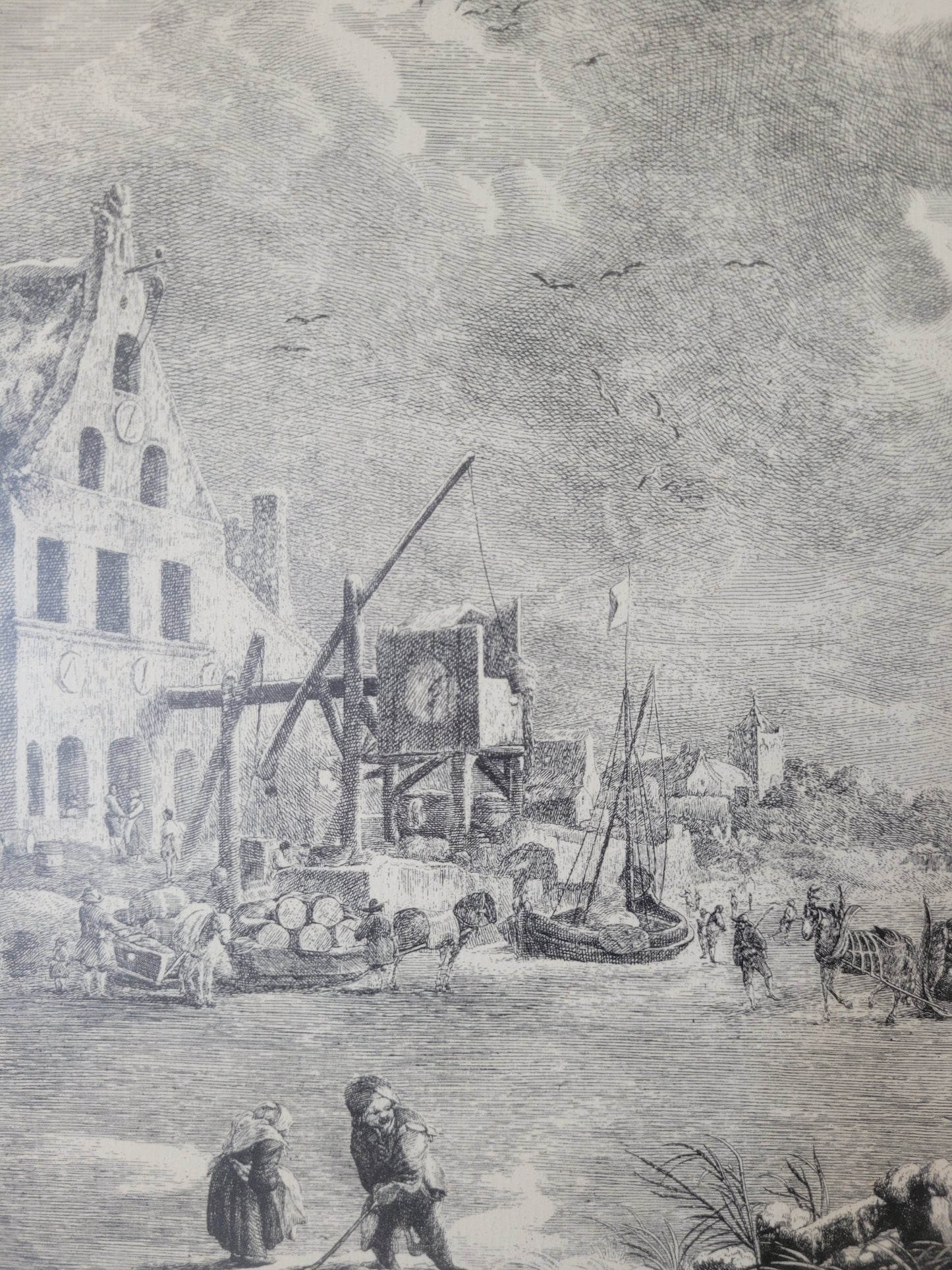 Figurenreiche Szenerie an einem Fluss Hafenlandschaft Grafik