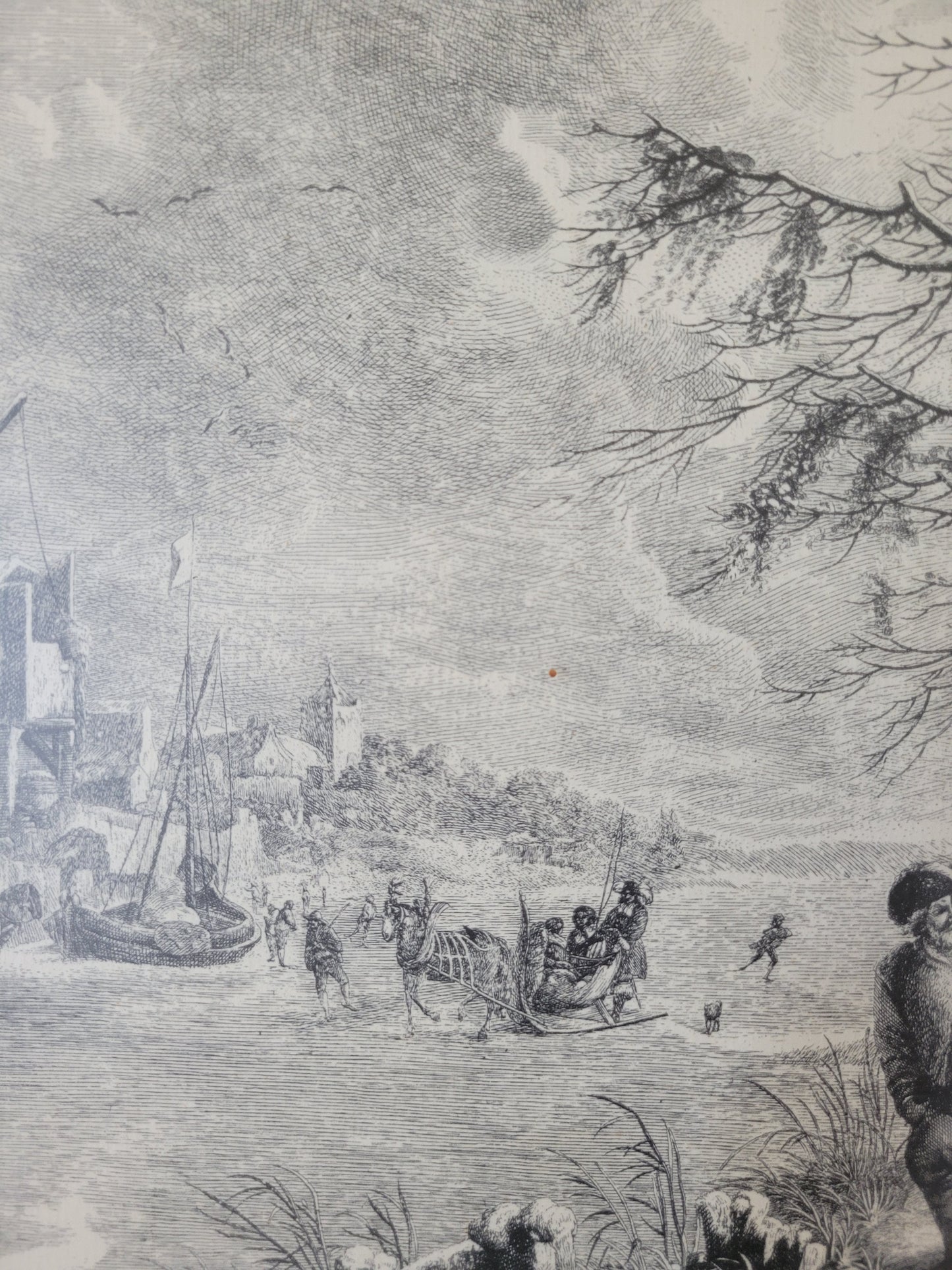 Figurenreiche Szenerie an einem Fluss Hafenlandschaft Grafik