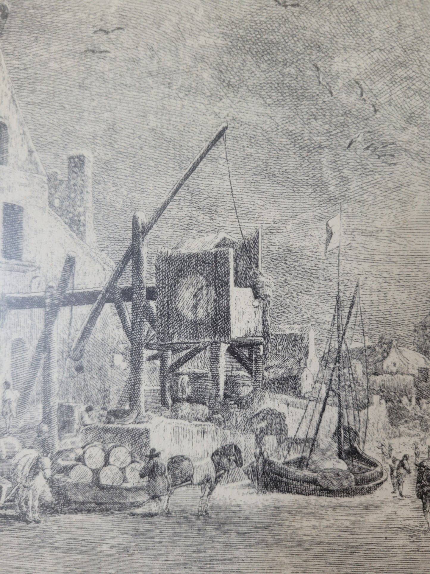 Figurenreiche Szenerie an einem Fluss Hafenlandschaft Grafik