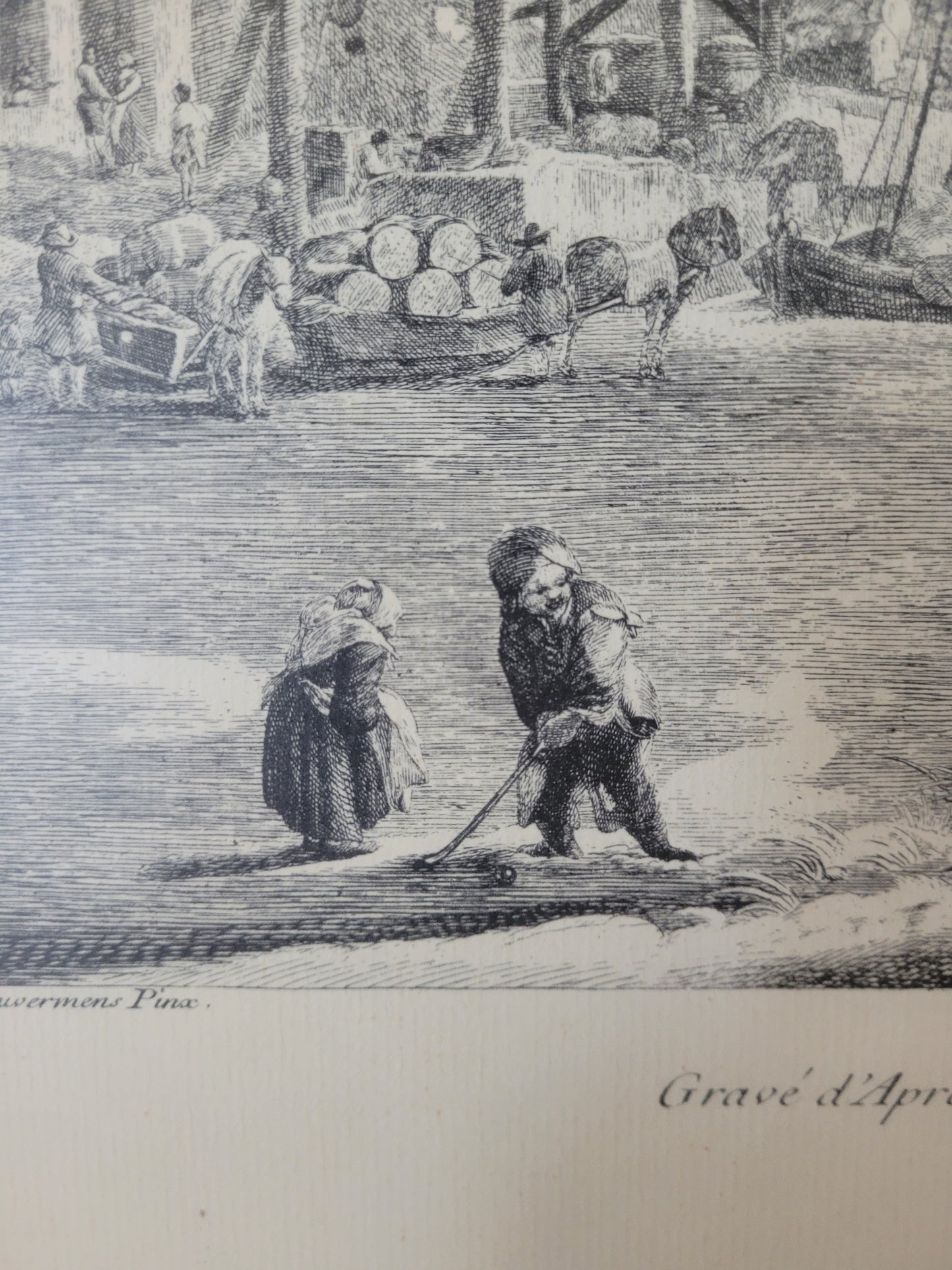 Figurenreiche Szenerie an einem Fluss Hafenlandschaft Grafik