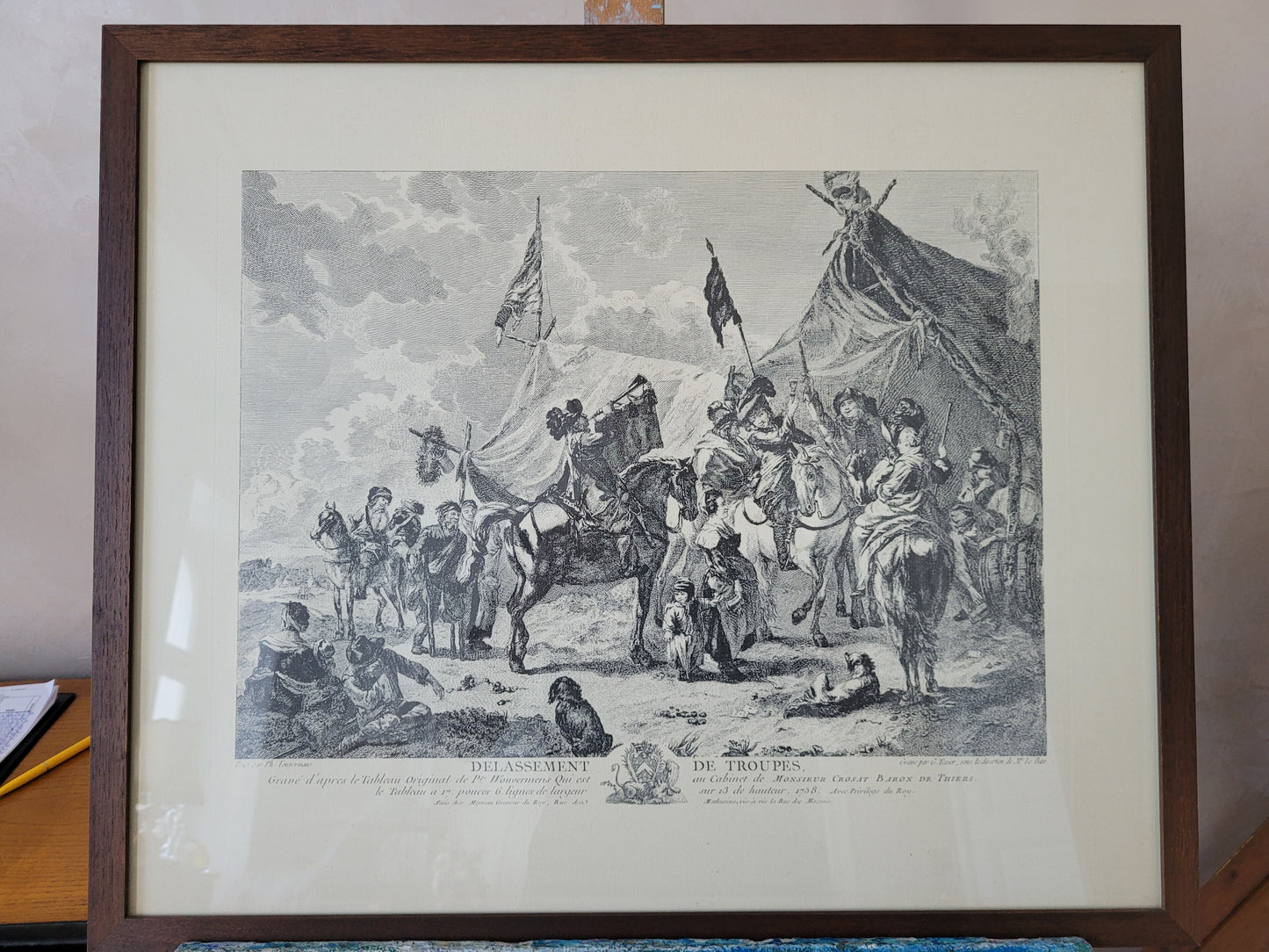 Antike Grafik nach Wouwermans Soldaten auf Schlachtpferden