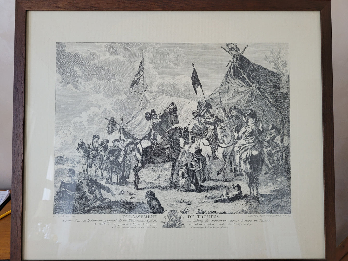 Antike Grafik nach Wouwermans Soldaten auf Schlachtpferden