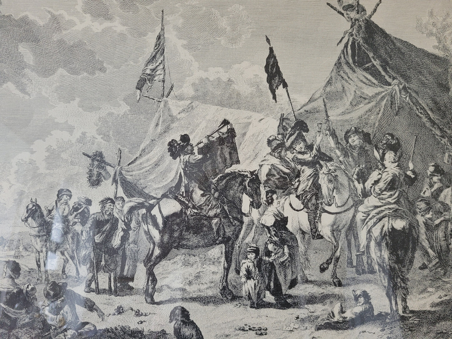 Antike Grafik nach Wouwermans Soldaten auf Schlachtpferden