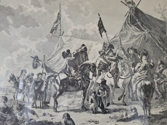 Antike Grafik nach Wouwermans Soldaten auf Schlachtpferden