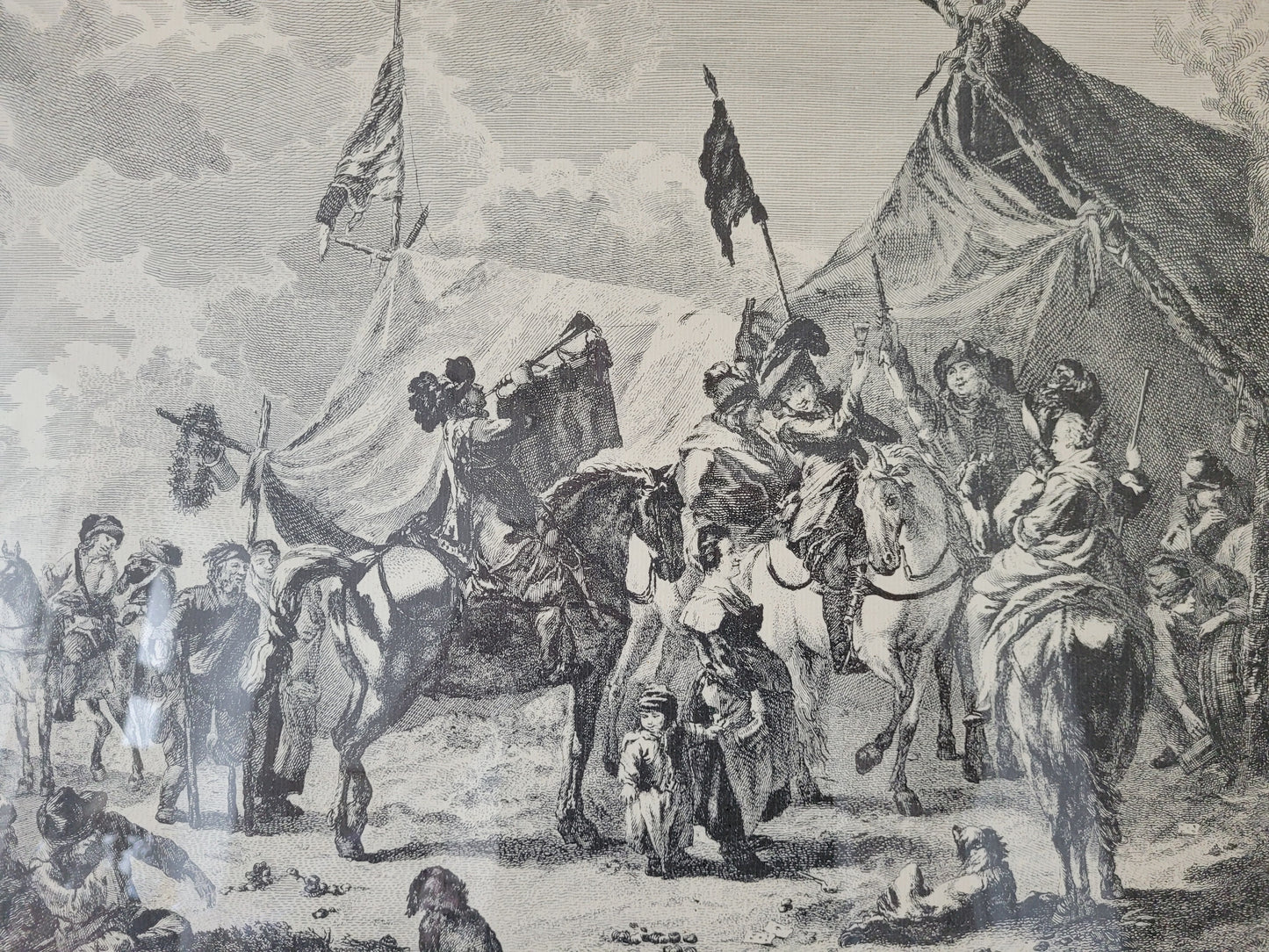 Antike Grafik nach Wouwermans Soldaten auf Schlachtpferden