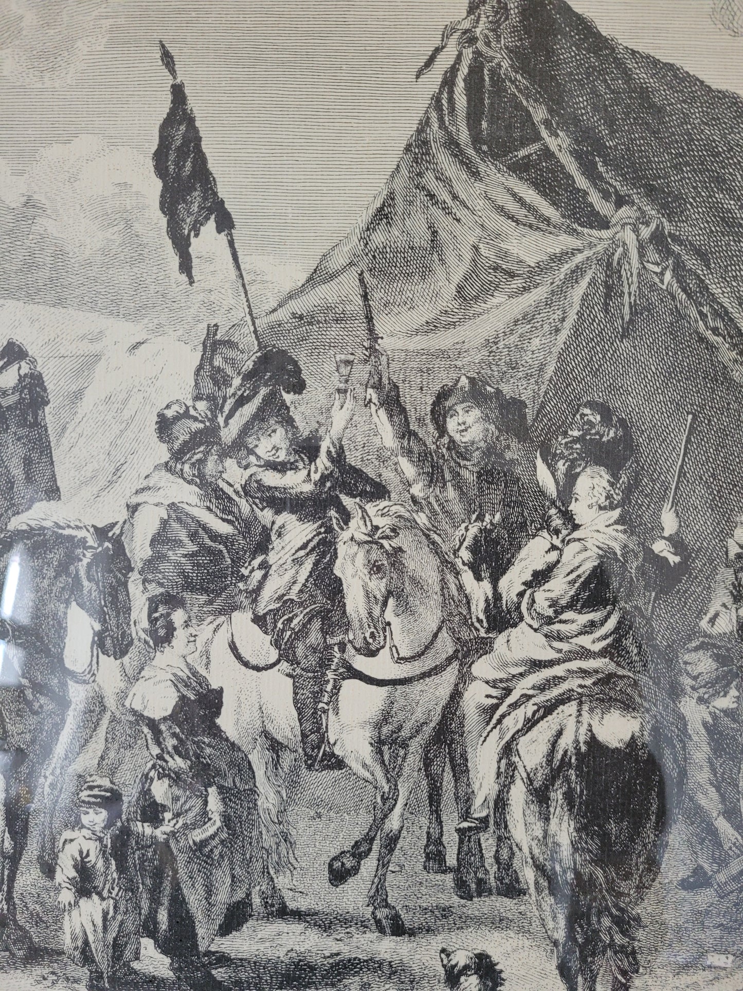 Antike Grafik nach Wouwermans Soldaten auf Schlachtpferden