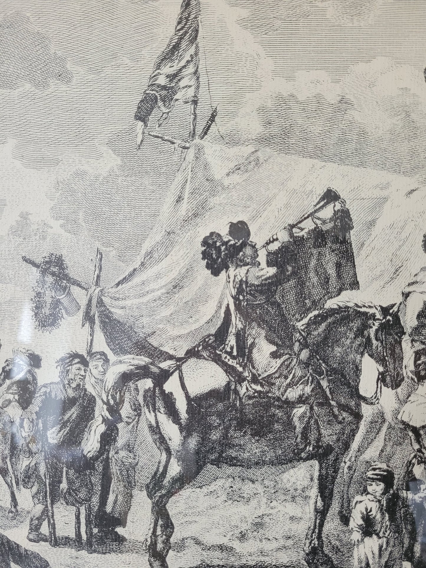 Antike Grafik nach Wouwermans Soldaten auf Schlachtpferden