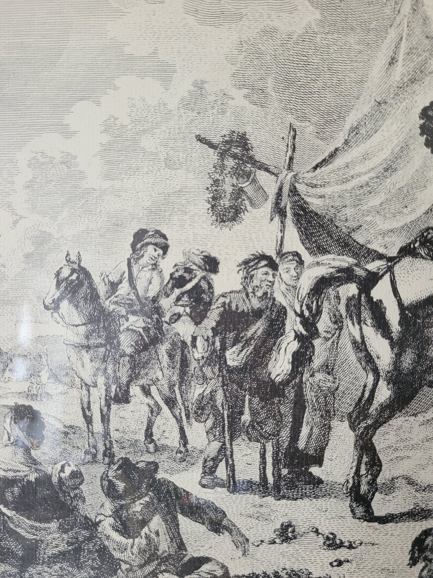 Antike Grafik nach Wouwermans Soldaten auf Schlachtpferden