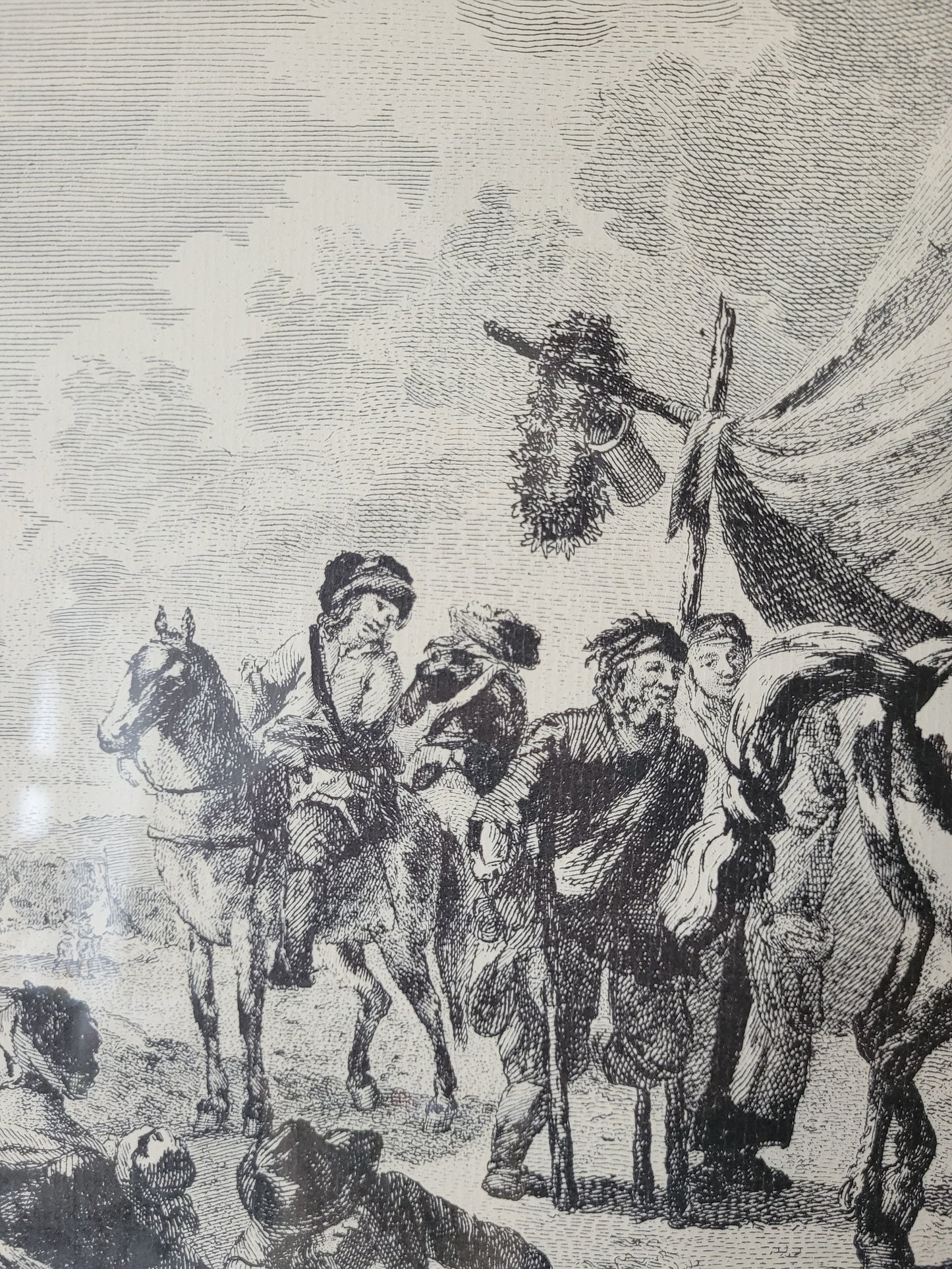 Antike Grafik nach Wouwermans Soldaten auf Schlachtpferden