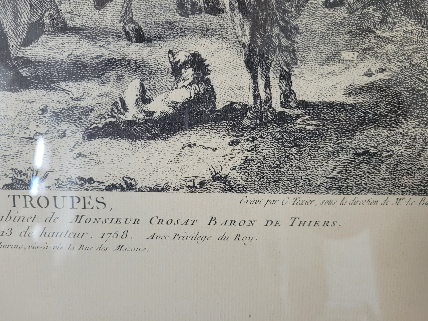 Antike Grafik nach Wouwermans Soldaten auf Schlachtpferden