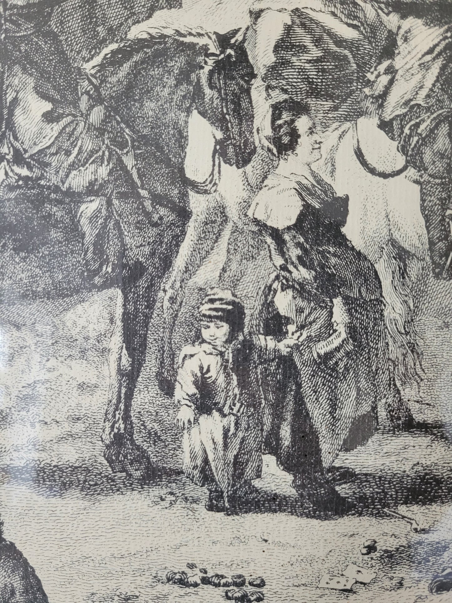 Antike Grafik nach Wouwermans Soldaten auf Schlachtpferden